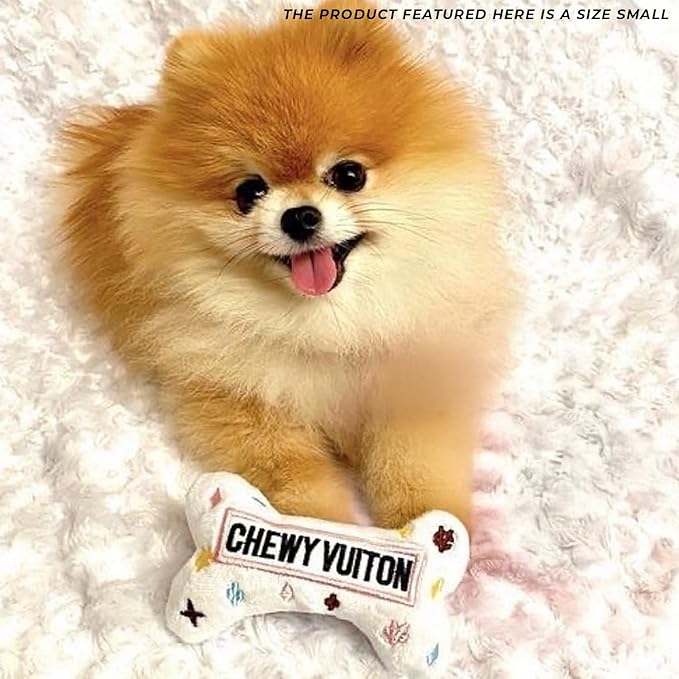 Haute Diggity Dog White Chewy Vuiton Bone, Plush Designer Dog Toys with Interactive Squeaker, Stimulating Pet Enrichment, Machine-Washable & Safe Materials for All Breeds, Size Small