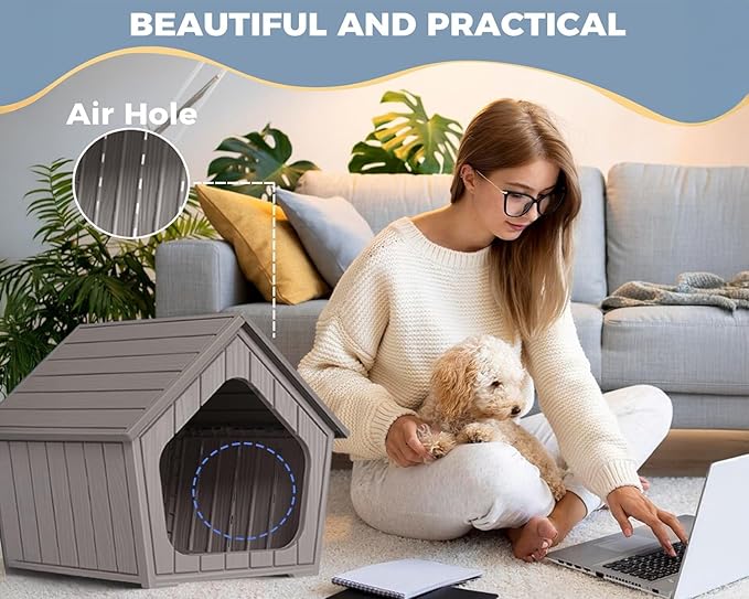 DRATO Dog House Outdoor Indoor Cozy Small Dog Houses Durable Resin Material Houses for Dogs Outside Weatherproof Pet Shelter for Patio, Porch, Living Room (Gray)
