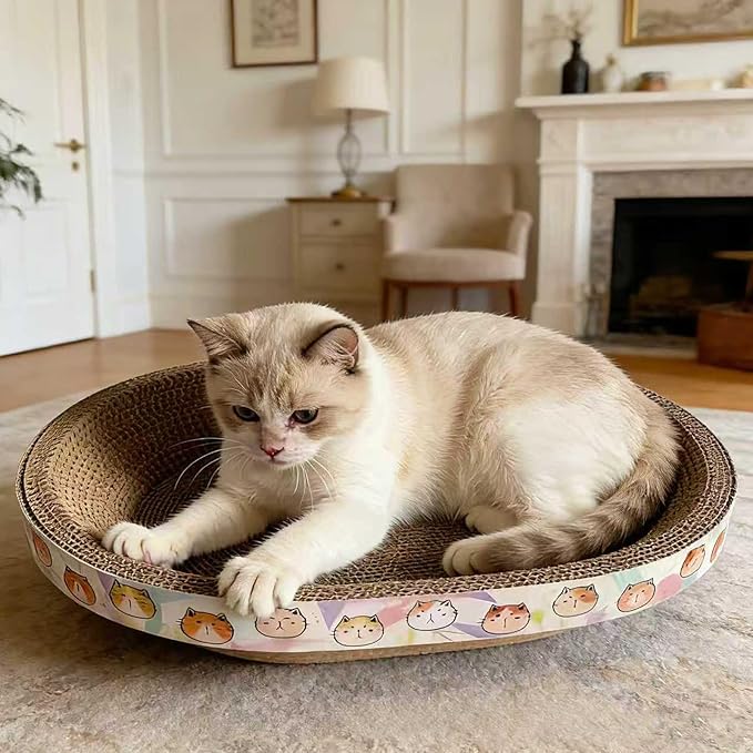2PCS Cat Cardboard Scratcher with Toys, Oval 16.7" x 12.8" Kitty Scratching Board for Indoor Kitten Play Scratch Bed Sofa Furniture Protector