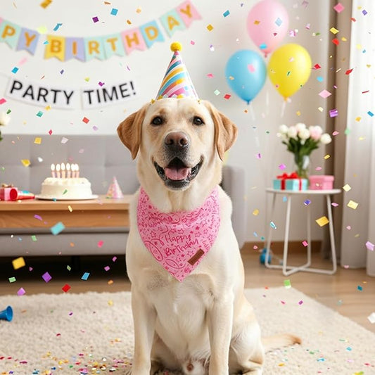 PTDECOR Pink Happy Birthday Dog Bandana, Premium Durable Fabric, Triangle Scarf for Dog Birthday Party Supplies, Pink Pet Bandana for Large X-Large Dogs Pets (X-Large)