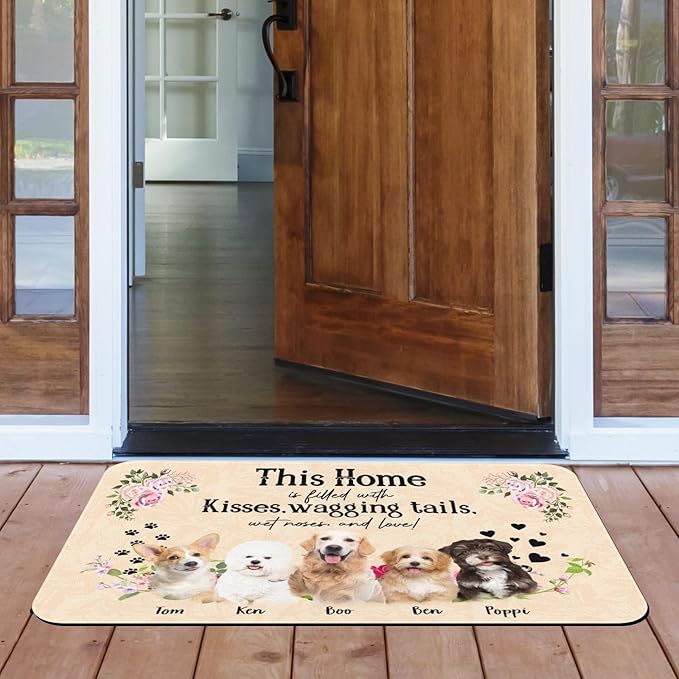 Personalized Dog Cat Doormat, Personalized Gift for Dog Lovers, Dog Dad, Dog Mom,Custom Pet Door Mat for Outdoor,Indoor,Floral Home Door Mat-24x16inch(Up to 5 Dog)