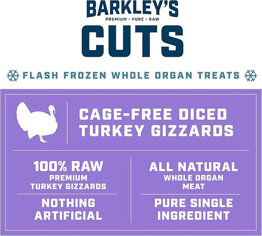 Barkley’s Cuts, Frozen Raw Diced Turkey Gizzards Dog Treats, Single Ingredient, Flash Frozen, High Protein Training Treats and Food Toppers for Puppies and Dogs, Human Grade Ingredients, 16 Oz Bag