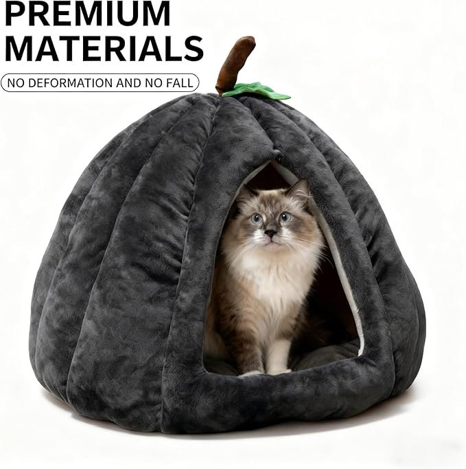 Cat Bed for Indoor Cats - Adorable Cozy Pumpkin Cat Cave with Removable Cushion, Super Soft Pet House Tent for Kittens & Small Pets, Warm & Washable Non-Slip Design(S 15 inch Orange)