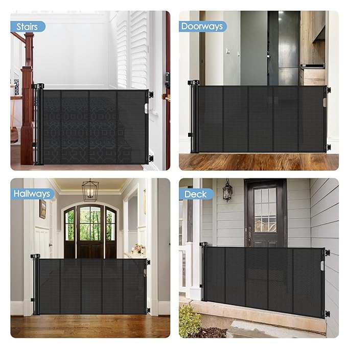 Reinforced Retractable Baby Gates with Support Rods, Extends up to 55” Wide, Retractable Dog Gate for Doorways Prevent Bottom Crawling Through, Mesh Pet Gate for Stairs Indoor Outdoor, Black