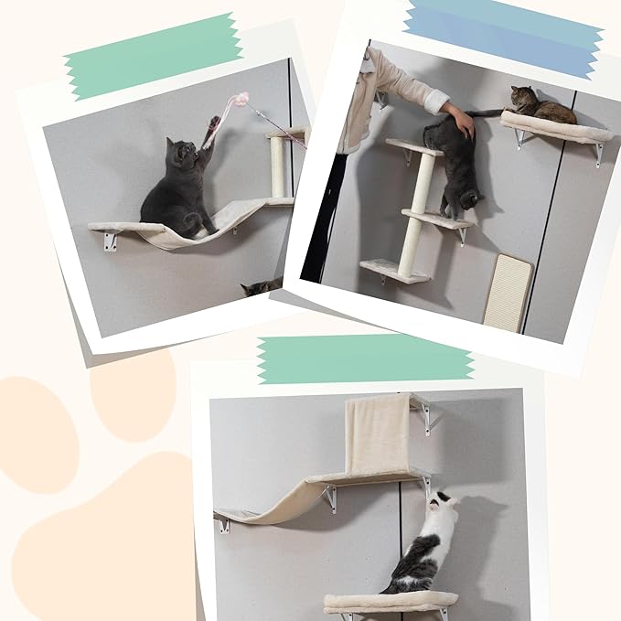 COZIWOW Cat Wall Shelves Set, 5-Piece Wall Mounted Cat Furniture with Cat Tree & Scratching Post, Floating Cat Perches for Indoor Cats(Beige)