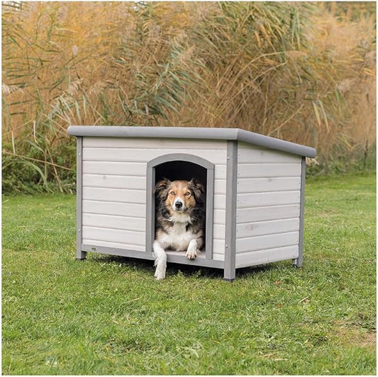 Trixie Natura Classic Dog House - Wooden Outdoor Shelter with Weatherproof Sealer, Hinged Roof & Adjustable Legs for Medium Dogs - Gray - 27 x 41 x 28.5 in