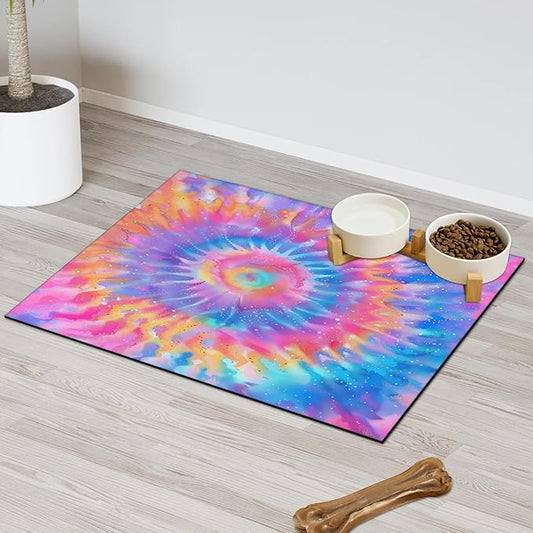 Tie Dye Dog Food Mat for Floors Absorbent, Quick Dry Water Dispenser Mat for Food, Water, Pet Supplies 12" x 20", Pink Purple