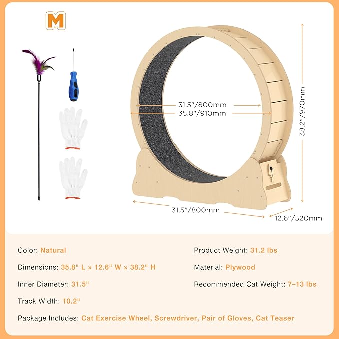 Cat Exercise Wheel Indoor, Quiet Medium Cat Treadmill with Detachable Carpeted Runway & Lock, 38.2” Exercise Running Wheel for Pet’s Health and Entertainment, (Natural, M)