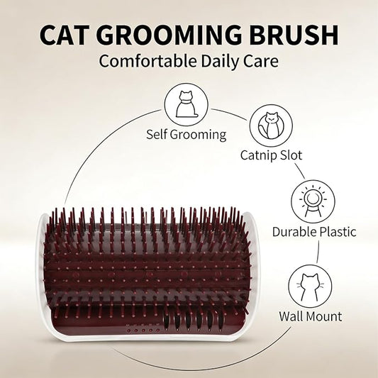 Cat Self Groomer Brush, Plastic Massage Comb with Soft Cat Corner Scratcher 12.6x8.3cm - Easy Mount Wall Scratcher, Removes Loose Hair, Perfect for Cats Grooming and Play (Coffee)