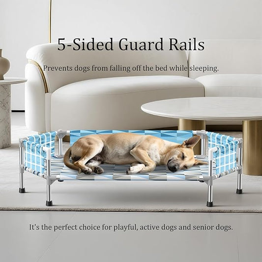 Elevated Dog Bed with Guardrail, Cooling Outdoor Pet Cot with 5-Sided Fenceļ¼Raised Dog Cot with 6-Metal Frame