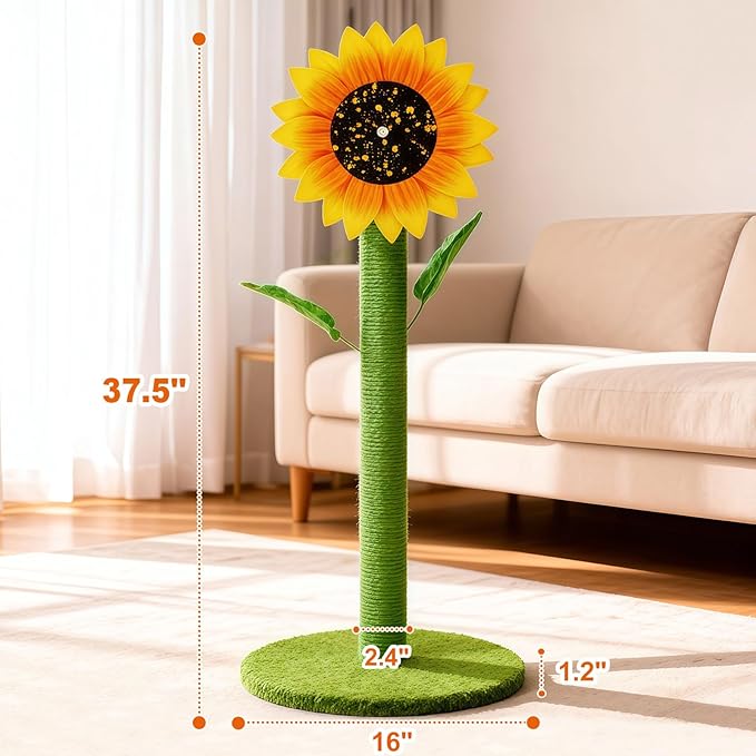 Sunflower Cat Scratching Post & Interactive Toy | 38" Tall Scratcher with Rotating Flower Top for Indoor Cats, from Kittens to Large Adults
