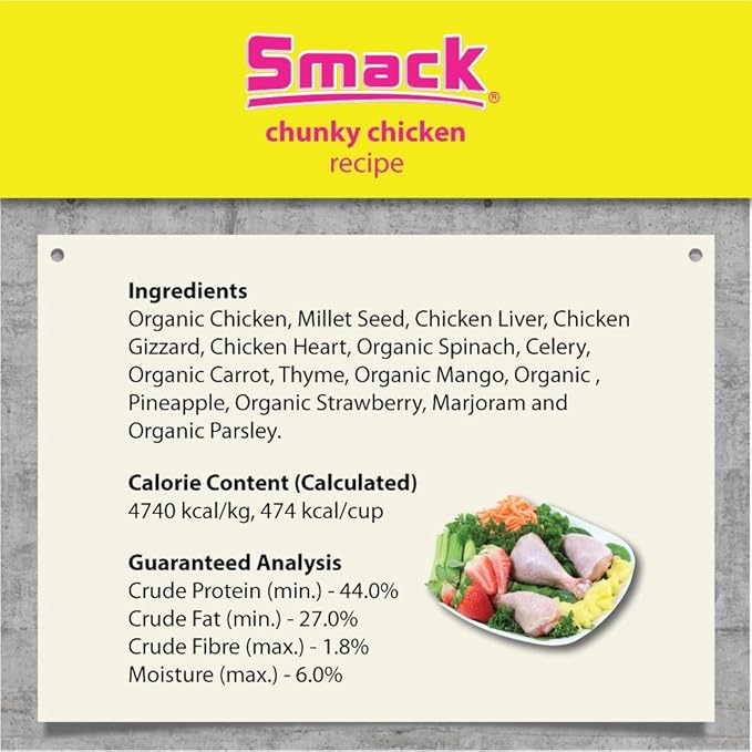 Smack Pet Food Organic Raw Dehydrated Dog Food Grain-Free, Gluten-Free, Raw Food for Dogs (Chunky Chicken, 8.8 Ounce)
