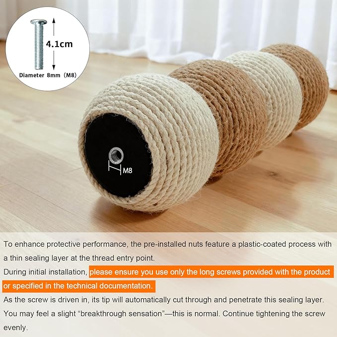2 Pack Cat Scratching Post Replacement, 13.8 x 3.93 Inch Moden Sisal Poles with M8 Screws, Refill Parts for Indoor Cat Towers and Furniture Repair-White