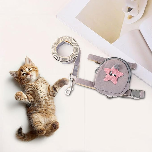 Pet Harness Leash Set, Cute Backpack Cat Vest Belt Leash Snap Design Pet Harness Leash Comfortable and Breathable Dog Vest Leash Outing Supplies School Bag Pet Supplies