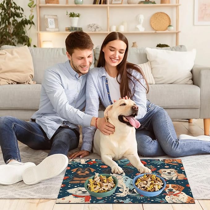 Merry Christmas Dog Food Mat for Floors Absorbent, Quick Dry Water Dispenser Mat for Food, Water, Pet Supplies 12" x 20", Pet Dog