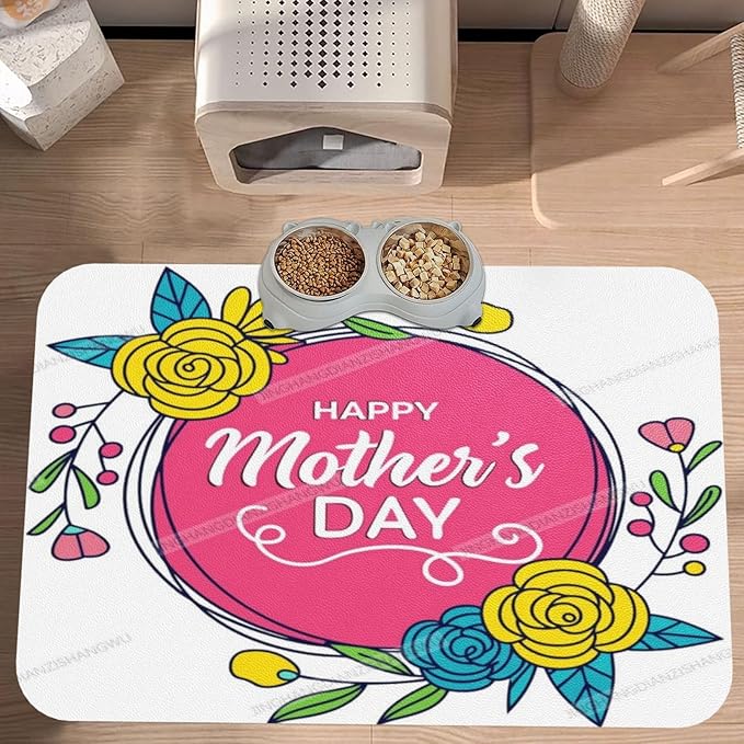 Dog Food Mats for Floors Absorbent Pet Cat Food Mat Happy Mother's Day Floral Gift Mom Kk Non Slip Dogs Bowl Mats for Water Dog Placemats Feeding Mat Pet Supplies 24x16In