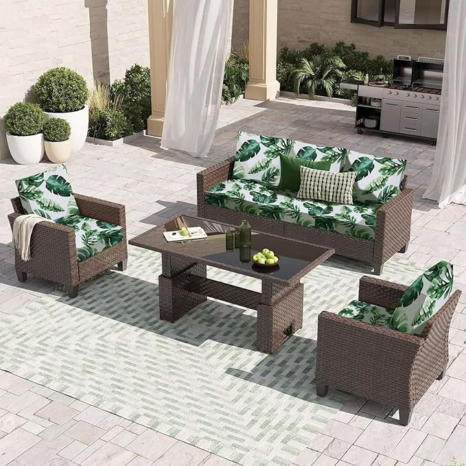 HANDONTIME 8Pcs Outdoor Patio Cushion Covers Green Leaves Stretch Couch Cushion Cover Patio Couch Slipcover for Outdoor/Indoor Washable Non-Slip Furniture Protector for Pet (Tropical Leaf,Cover Only)