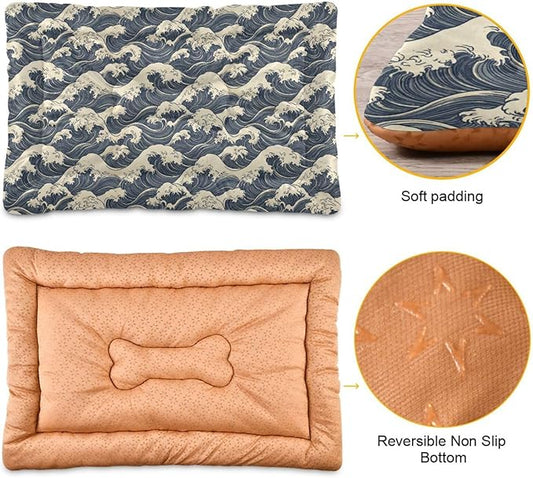 Dog Bed for Crate Washable Pet Sleep Pad, Kanagawa Reimagined Kennel Mat with Non-Slip Bottom, Soft Fluffy Supplies Pet for Dogs and Cats (36x24 inch)