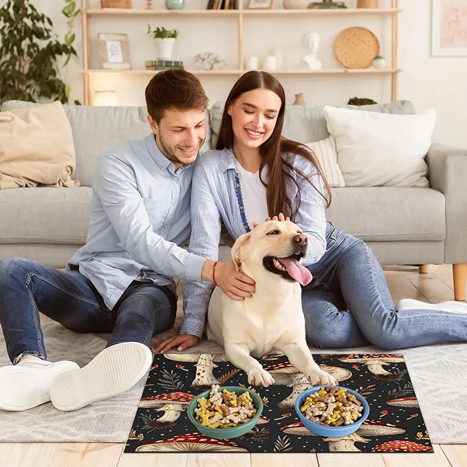 Red Mushroom Dog Food Mat for Floors Absorbent Dog Bowl Mat for Food and Water Dispenser Quick Dry Cat Food Placemat Pet Supplies 24" x 32", Leaves