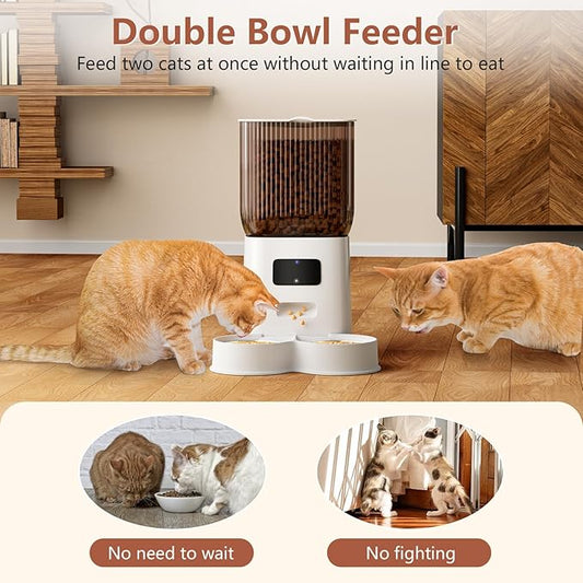 Cat Feeder Automatic, Automatic Cat Feeder WiFi with Remote Feeding Cat Food Dispenser for 2 Cats, 5L Pets Timed Automatic Feeders with Dual Power Supply