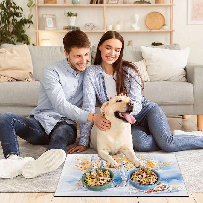 Deciduous Trees Dog Food Mat for Floors Absorbent, Quick Dry Water Dispenser Mat for Food, Water, Pet Supplies 17" x 30", Winter Scenery