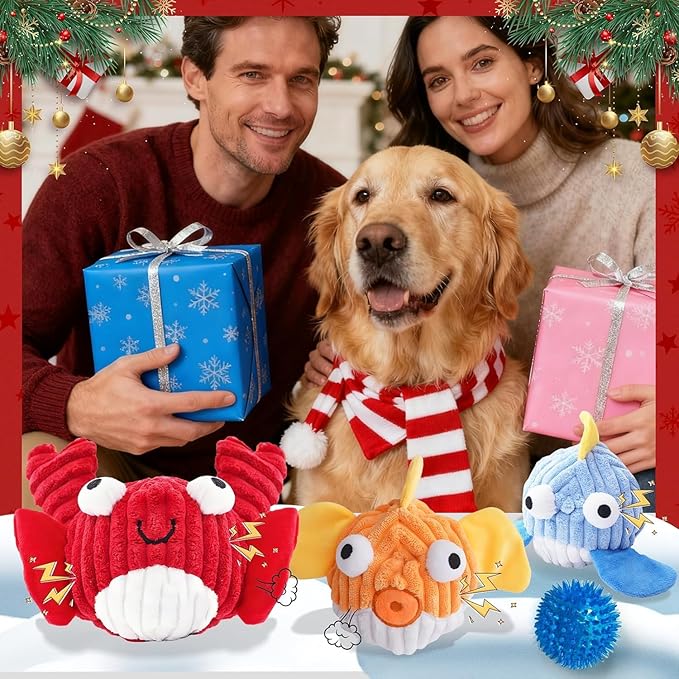 Squeak Dog Toys for Aggressive Chewers, No Stuffing Squeak Dog Chew Toys for Aggressive Chewers, Interactive Dog Toy Ball with Crinkle Paper for Medium Dogs, Large & Small Breeds (D-Crab+Whale)