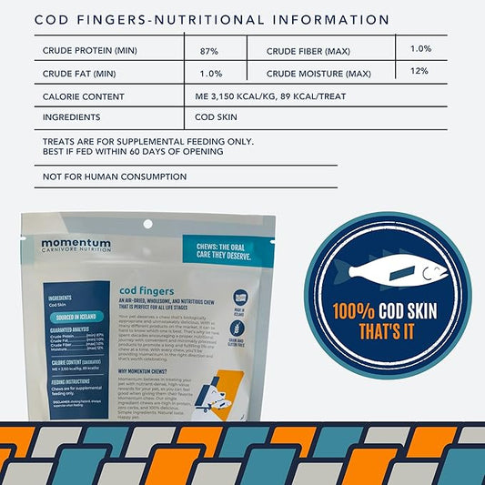 Momentum Carnivore Nutrition Cod Fingers Dog Treats β Single Ingredient Icelandic Cod Skin β Natural Dental Support, High-Protein Fish Chewsβ Healthy Dog & Cat Treats β 4 oz Bag