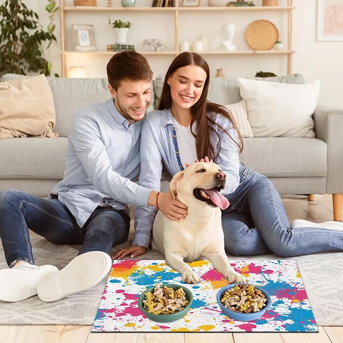 Colorful Graffiti Dog Food Mat for Floors Absorbent Dog Bowl Mat for Food and Water Dispenser Quick Dry Cat Food Placemat Pet Supplies 12" x 20", Abstract