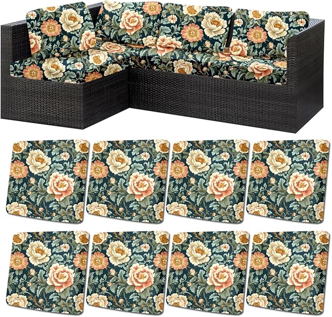 HANDONTIME 8Pcs Outdoor Patio Cushion Covers Pink Peony Stretch Couch Cushion Cover Patio Couch Slipcover for Outdoor/Indoor Washable Non-Slip Furniture Protector for Pet (Navy, Cover Only)