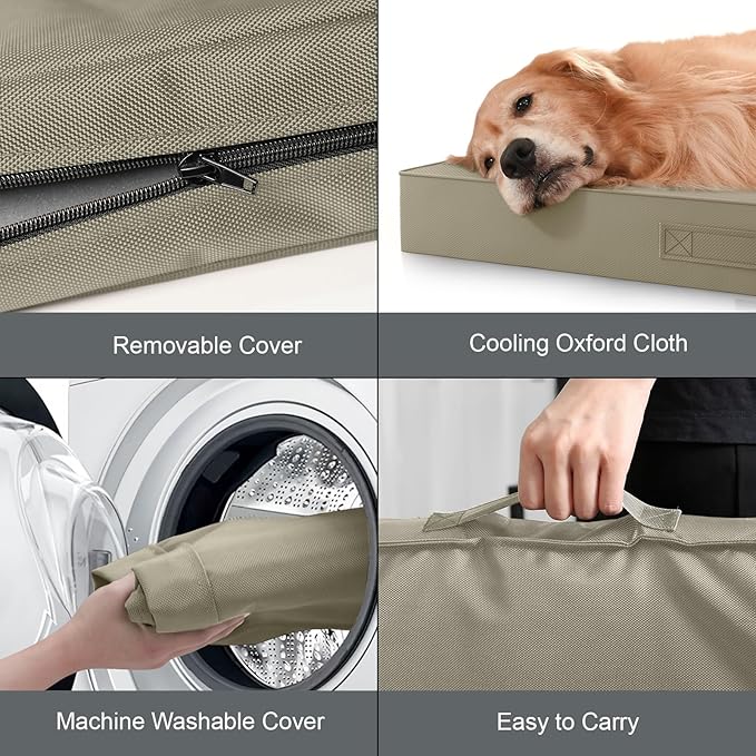 Large Outdoor All Weather Dog Bed, Waterproof Pet Bed for Large Dogs, Orthopedic Egg Crate Foam with Washable Removable Oxford Cooling Cover, 36x27 Inch, Khaki