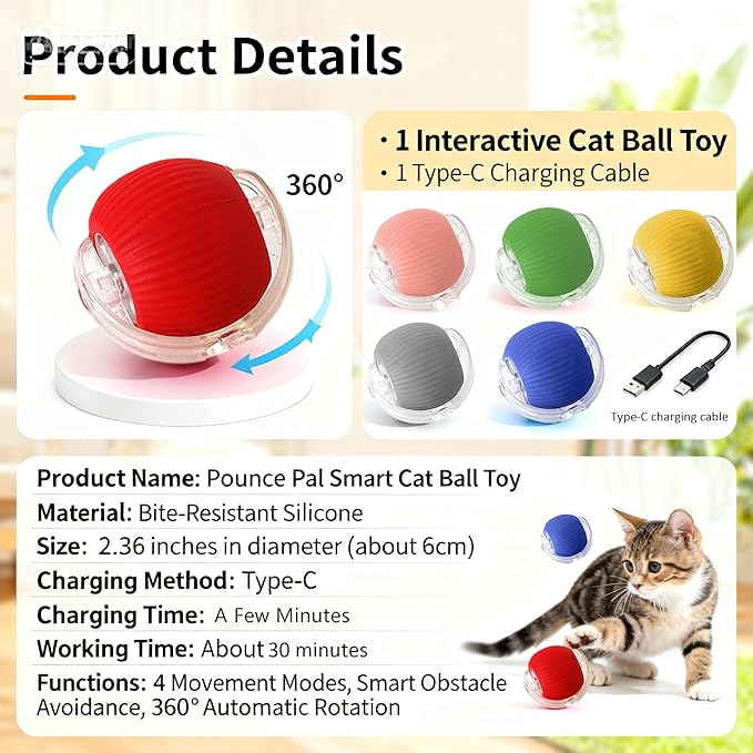 Cat Toy, 360° Automatic Rolling Smart Pet Ball Toys, Motion-Activated, Rechargeable, Four Modes, Three Speed Adjustment, Solve Your Cat's Boredom in Seconds (Grey)