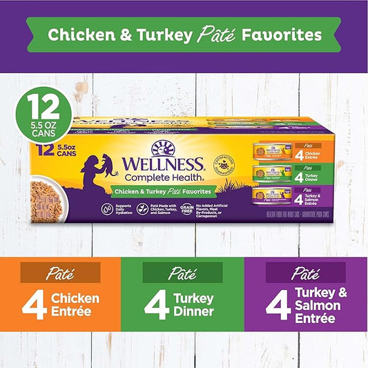 Wellness Complete Health Pate Adult Wet Cat Food, Natural, Protein-Rich, Grain-Free, 5.5 Ounce , 12 Pack, (Chicken & Turkey Favorites Variety Pack)