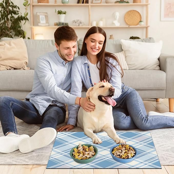 Buffalo Check Dog Food Mat for Floors Absorbent, Quick Dry Water Dispenser Mat for Food, Water, Pet Supplies 24" x 32", Blue Plaid