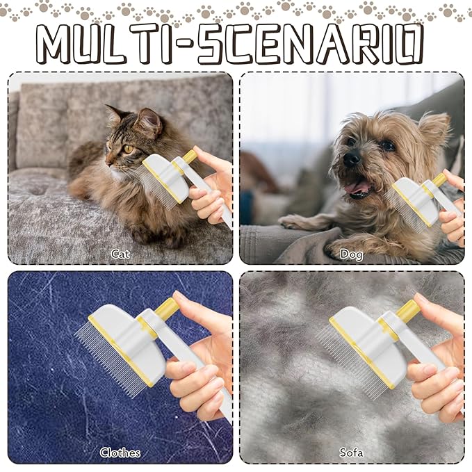 Pet Hair Removal Comb, 2025 Upgraded One Click Self Cleaning Grooming Brush, Cat Brush Comb with Non slip Handle for Short & Long Hair, Pet Grooming Supplies for Cats & Dogs Massaging (yellow)
