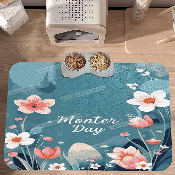 Dog Food Mat Dog Mat for Food and Water 18X12In Watercolor Happy Mother's Day Floral Gift Mom Co No Stains Cat Pet Feeding Mats Water Bowl for Messy Drinkers