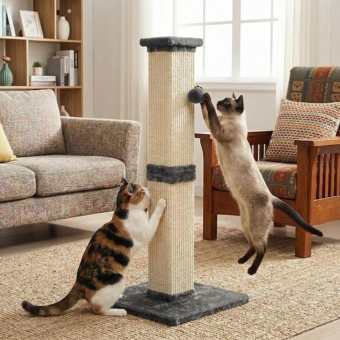 Tall Cat Scratching Post, 32'' Heavy Duty and Thick Scratching Post, Scratching Post for Adult Cats, Thick Sisal Rope with Hanging Ball, Grey