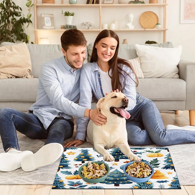 Merry Christmas Dog Food Mat for Floors Absorbent, Quick Dry Water Dispenser Mat for Food, Water, Pet Supplies 16" x 24", Pine Tree