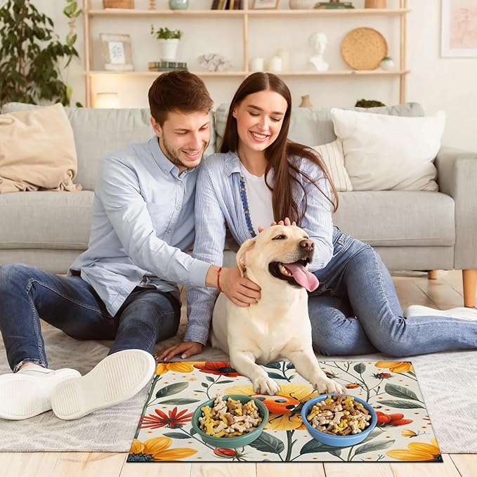 Ladybird Dog Food Mat for Floors Absorbent, Quick Dry Water Dispenser Mat for Food, Water, Pet Supplies 16" x 24", Flower