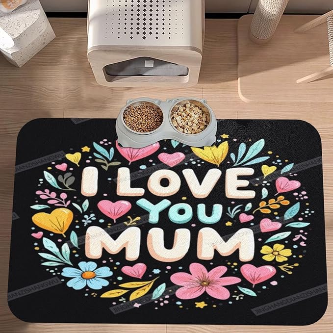 Pet Feeding Mat for Dogs Cats Happy Mother's Day Floral I Love You Mum Gift for Mom Bg Absorbent Dog Food Mat Non-Slip Waterproof Placemat Quick Dry Pet Supplies Bowl Mats