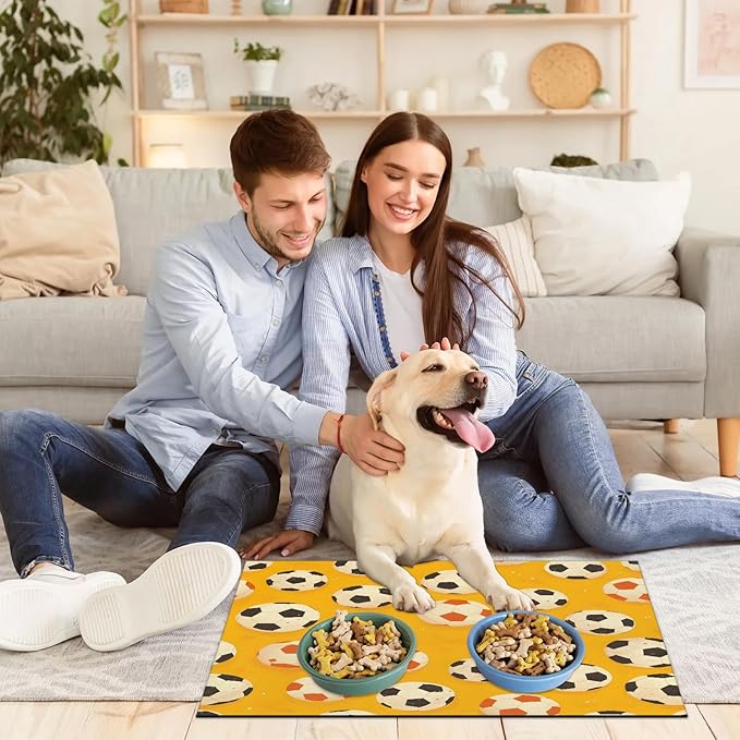 Soccer Ball Dog Food Mat for Floors Absorbent, Quick Dry Water Dispenser Mat for Food, Water, Pet Supplies 17" x 30", Sports Theme