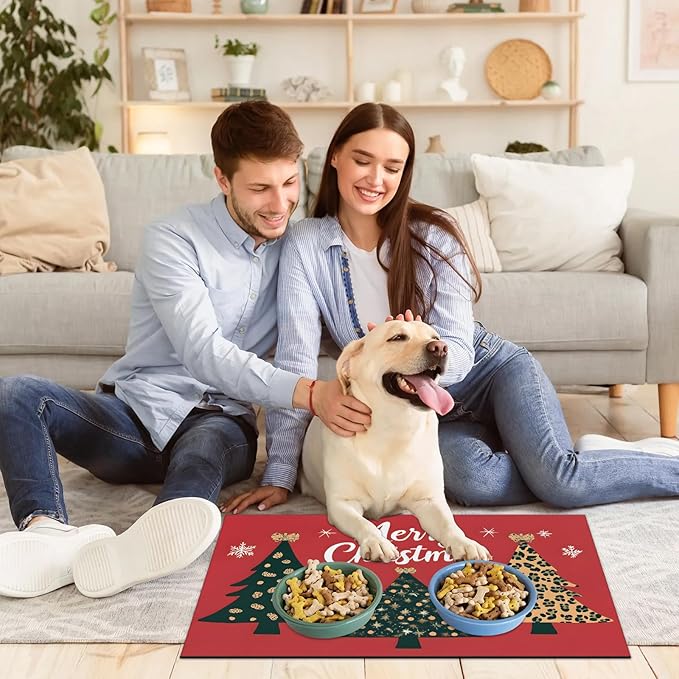 Merry Christmas Dog Food Mat for Floors Absorbent, Quick Dry Water Dispenser Mat for Food, Water, Pet Supplies 17" x 30", Xmas Tree
