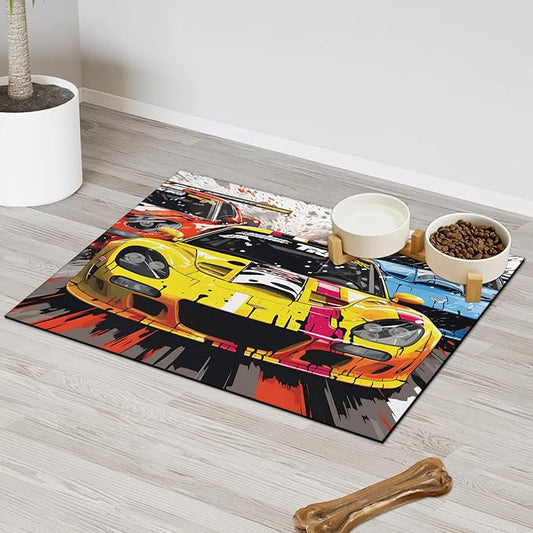 Race Car Dog Food Mat for Floors Absorbent, Quick Dry Water Dispenser Mat for Food, Water, Pet Supplies 12" x 20",