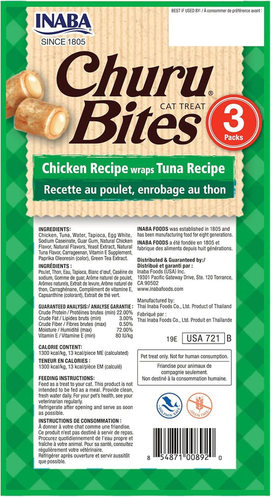 INABA Churu Bites for Cats, Soft Baked Chicken Churu Filled Cat Treats with Green Tea Extract, 0.35 Ounces Each Tube, 9 Tubes Total, Tuna Recipe