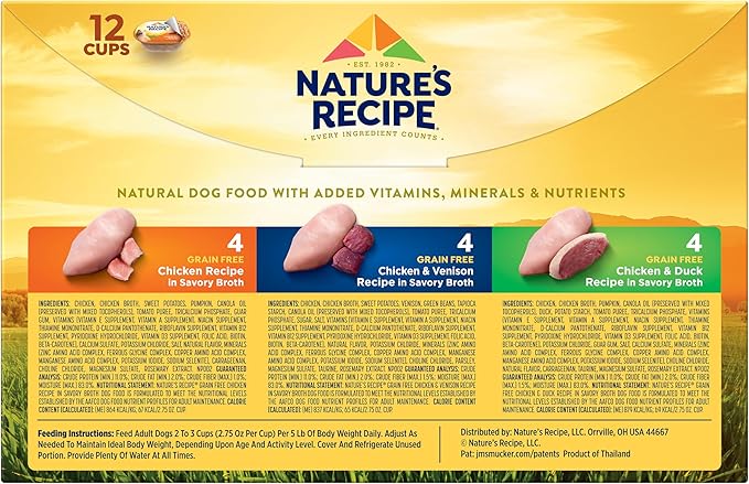 Nature's Recipe Grain Free Chicken Recipe, Chicken & Venison Recipe and Chicken & Duck Recipe in Savory Broth Variety Pack Wet Dog Food, 12-2.75 oz. Cups, 2 Count (Pack of 2)