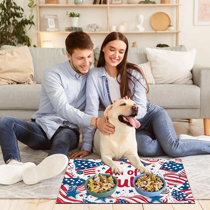 4th of July Dog Food Mat for Floors Absorbent Dog Bowl Mat for Food and Water Dispenser Quick Dry Cat Food Placemat Pet Supplies 16" x 24", American Flag Stars