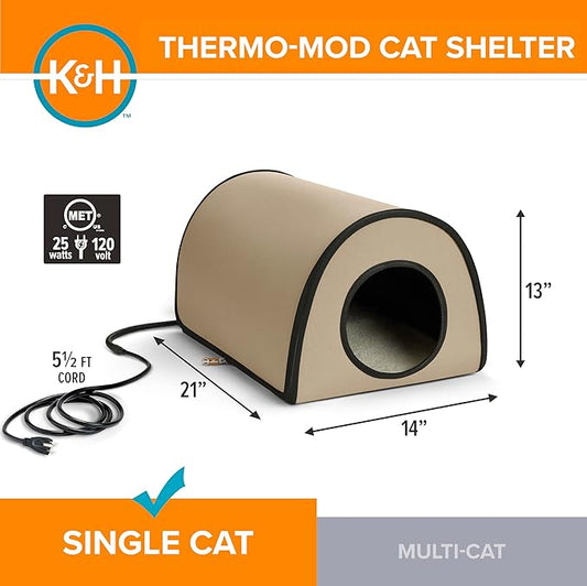 K&H Pet Products Heated Outdoor Cat House for Outside - Thermo Mod Kitty Shelter, Insulated, Waterproof, Heated Floor, Washable Cover, Safety Listed - Small 21 X 14 X 13in Tan 20W