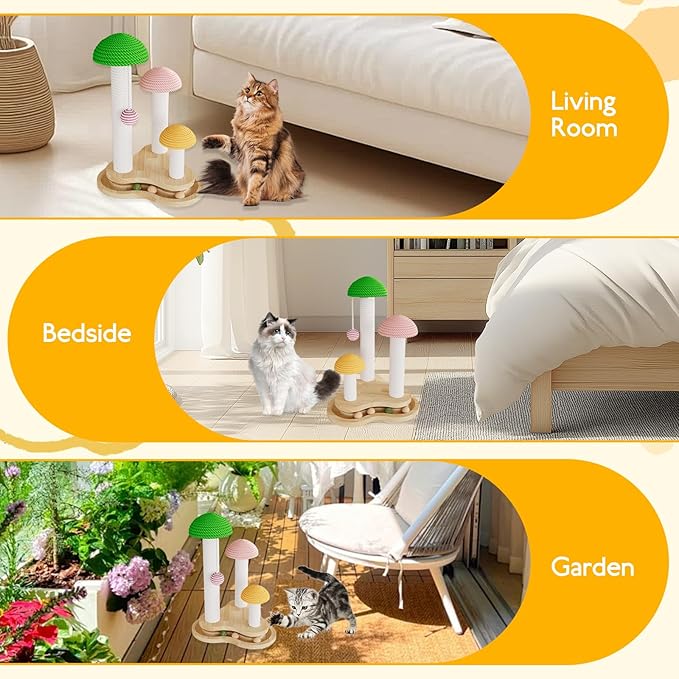 Cat Scratching Post,Mushroom Forest Cat Scratcher with Natural Sisal&Hanging Toy Ball-Durable Kitten Supplies & Adult Cat Furniture Protector(11.80"×11.80"×17.32")