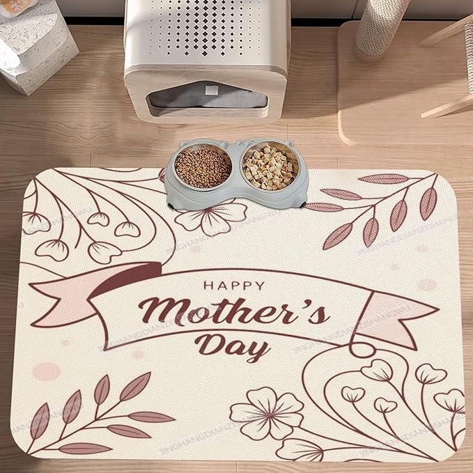 Pet Feeding Mat Happy Mother's Day Floral Gift for Mom Gd Dog Food Mat for Food Water No Stains Quick Dry Dispenser Cat Bowl Mats Messy Drinkers 24x16In
