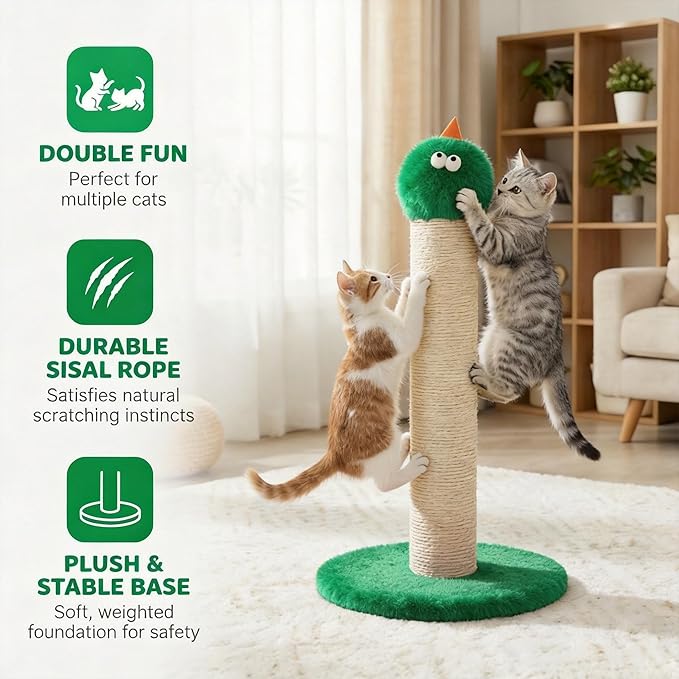 Cat Scratching Post for Small Space, 22'' Scratching Posts for Indoor Cats Adults, Extra Wide 13.4" Stable Base & Natural Sisal, Cute Cat Scratching Post with Short Plush Fabric for Large Cats, Green