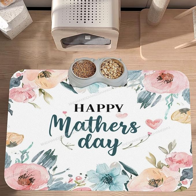 Pet Feeding Mat Absorbent Dog Mat for Food and Water Bowl Dog Accessories Watercolor Happy Mother's Day Floral Gift for Mom Fn Pet Supplies Dogs Quick Dry Cat Water Dispenser Mats 24x16In